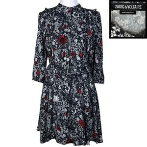 Zadig & Voltaire Remo Floral Dress Boho Rocker Chic Womens XS Black Red Pleated